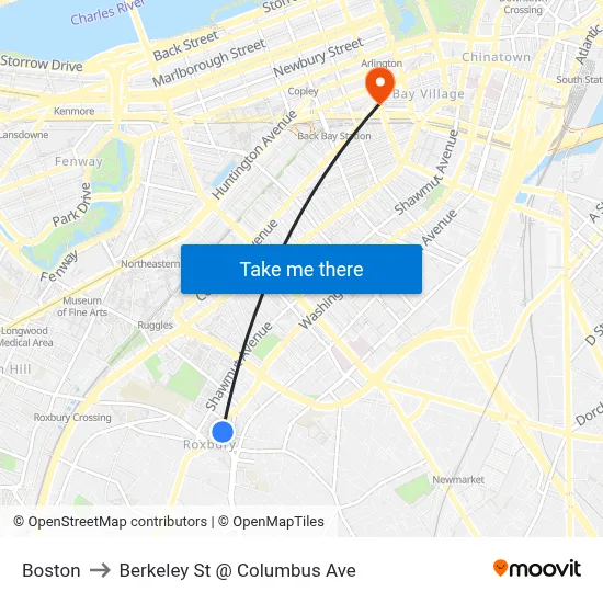 Boston to Berkeley St @ Columbus Ave map
