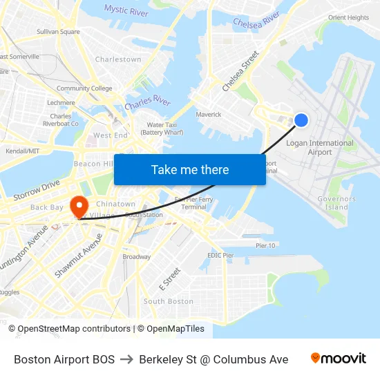 Boston Airport BOS to Berkeley St @ Columbus Ave map
