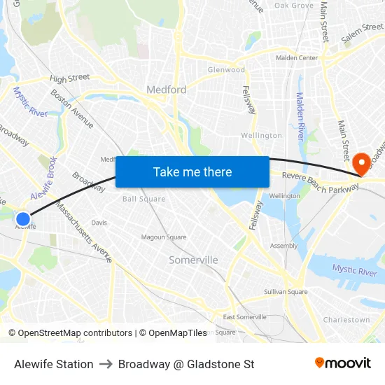 Alewife Station to Broadway @ Gladstone St map