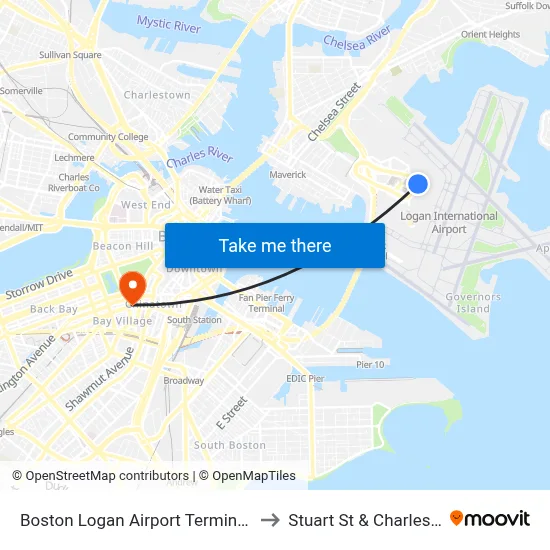 Boston Logan Airport Terminal C to Stuart St & Charles St map