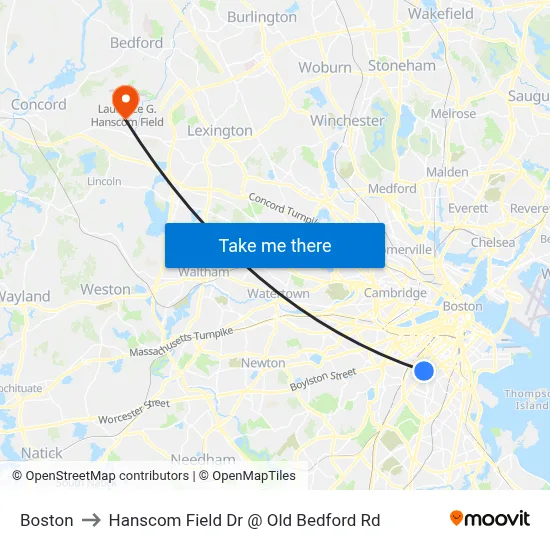 Boston to Hanscom Field Dr @ Old Bedford Rd map