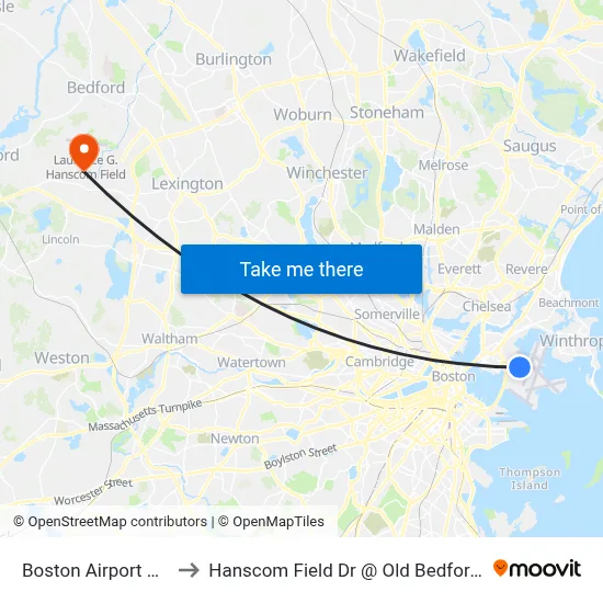 Boston Airport BOS to Hanscom Field Dr @ Old Bedford Rd map