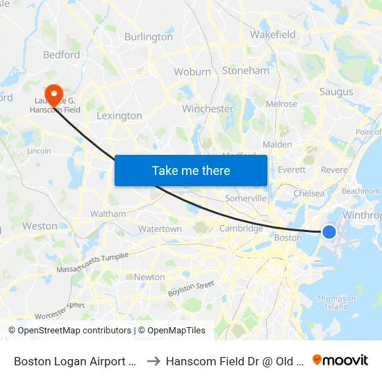 Boston Logan Airport Terminal C to Hanscom Field Dr @ Old Bedford Rd map