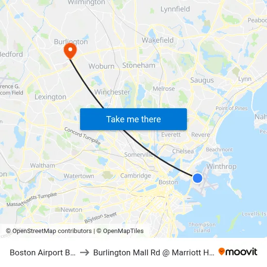 Boston Airport BOS to Burlington Mall Rd @ Marriott Hotel map