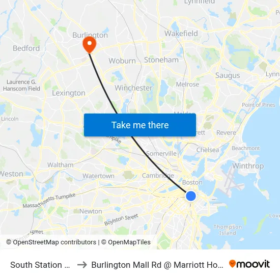 South Station #2 to Burlington Mall Rd @ Marriott Hotel map