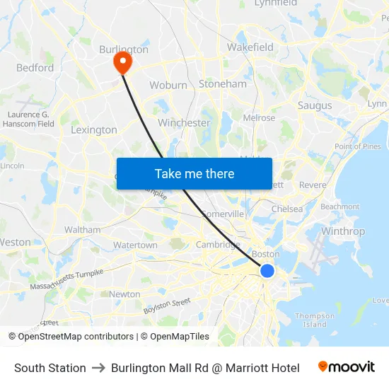 South Station to Burlington Mall Rd @ Marriott Hotel map