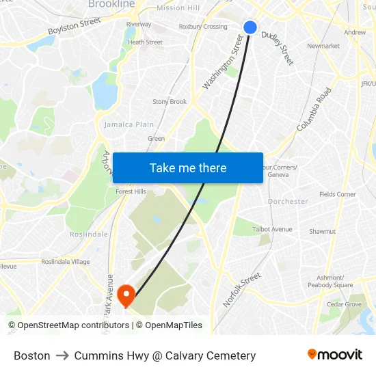 Boston to Cummins Hwy @ Calvary Cemetery map