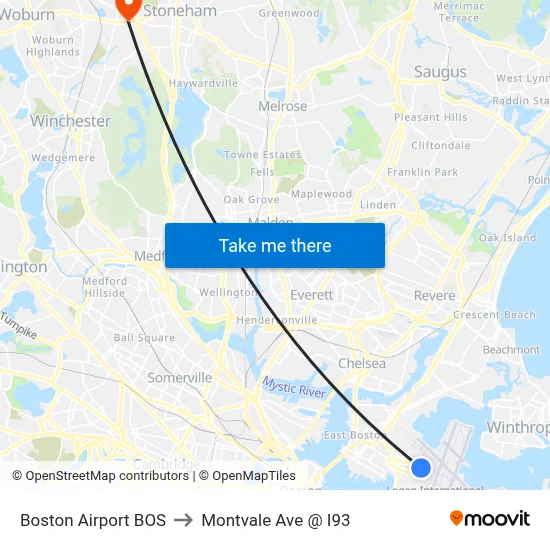 Boston Airport BOS to Montvale Ave @ I93 map