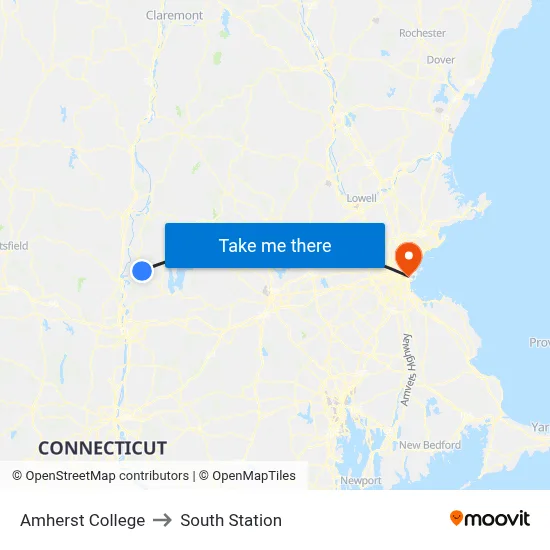 Amherst College to South Station map