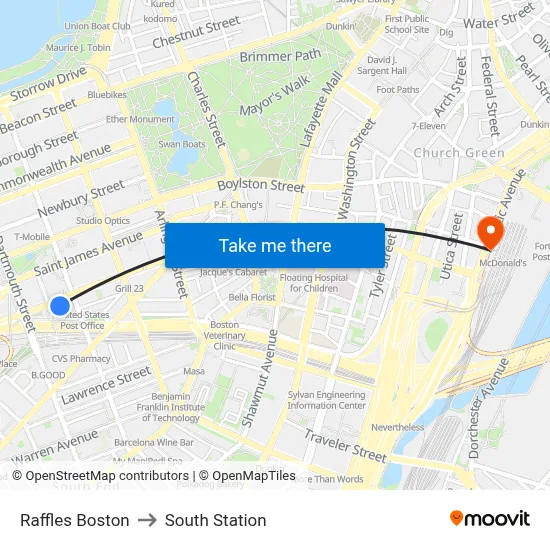 Raffles Boston to South Station map