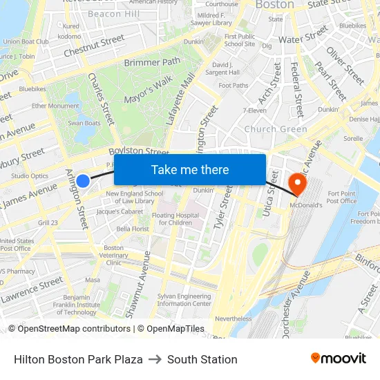 Hilton Boston Park Plaza to South Station map