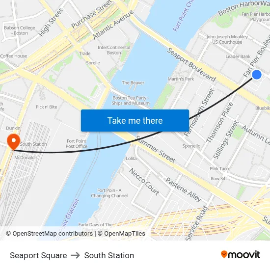 Seaport Square to South Station map