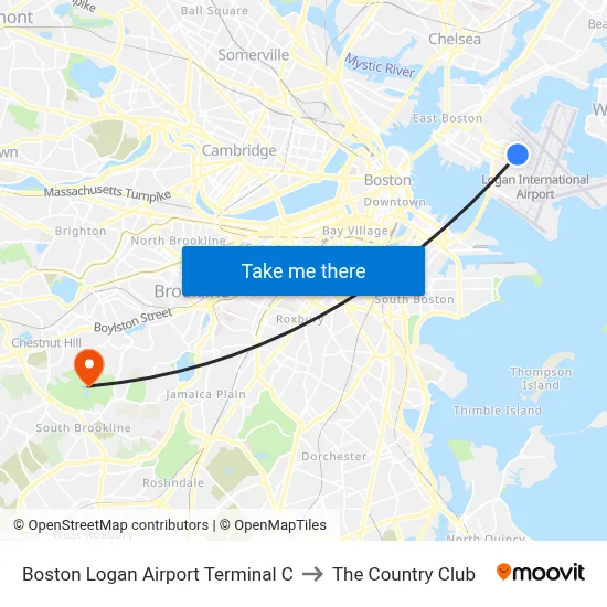 Boston Logan Airport Terminal C to The Country Club map