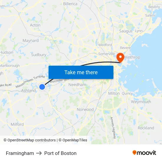 Framingham to Port of Boston map