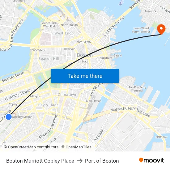 Boston Marriott Copley Place to Port of Boston map