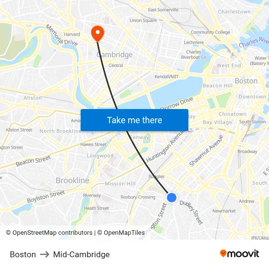 Boston to Mid-Cambridge map