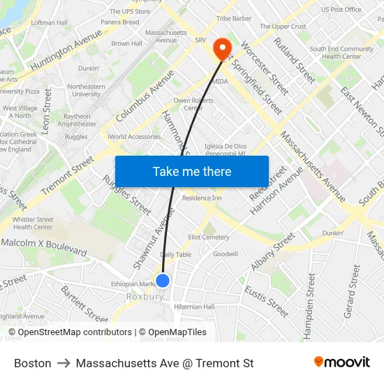 Boston to Massachusetts Ave @ Tremont St map