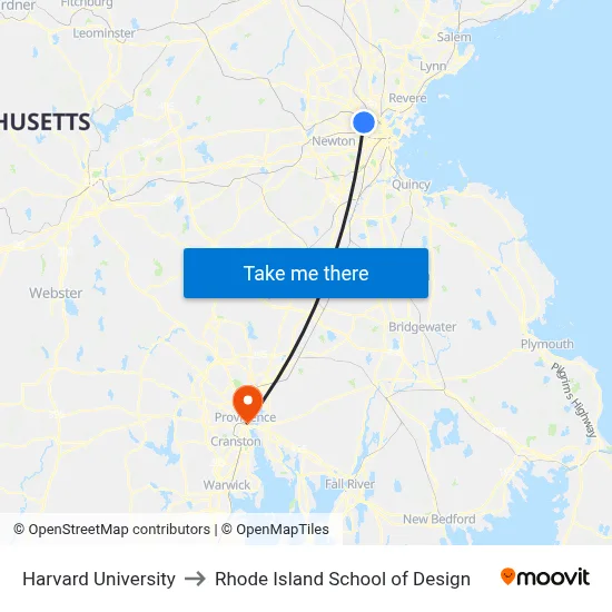 Harvard University to Rhode Island School of Design map