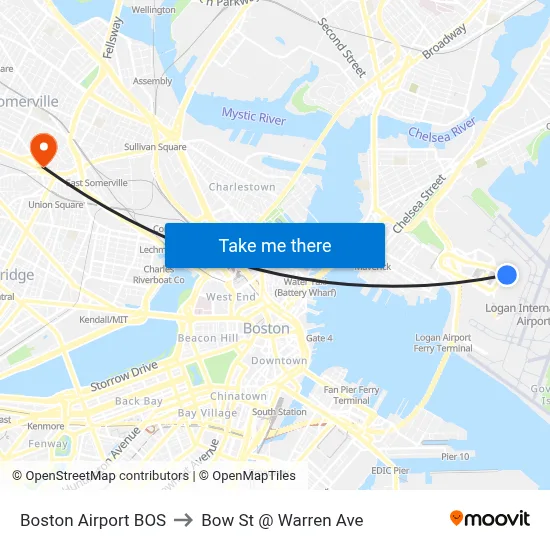 Boston Airport BOS to Bow St @ Warren Ave map