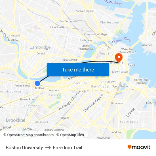Boston University to Freedom Trail map