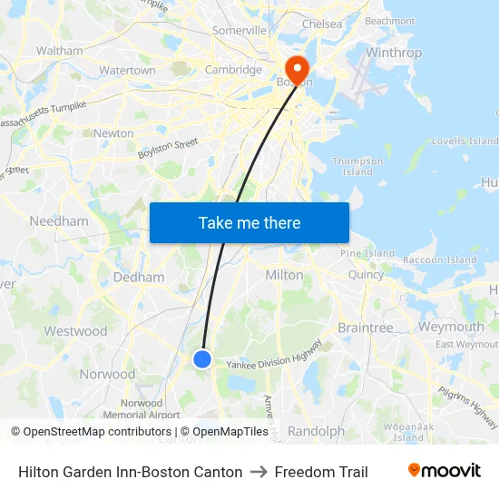 Hilton Garden Inn-Boston Canton to Freedom Trail map