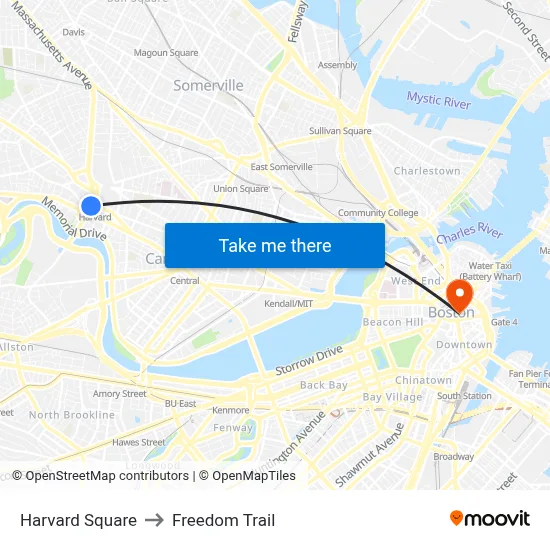 Harvard Square to Freedom Trail map