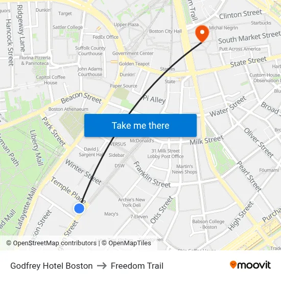 Godfrey Hotel Boston to Freedom Trail map
