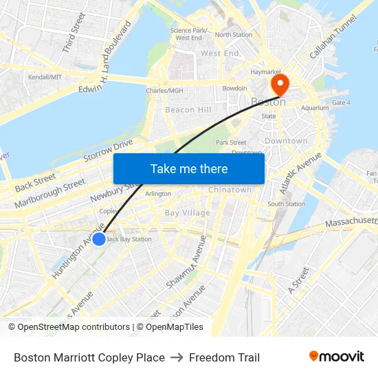 Boston Marriott Copley Place to Freedom Trail map