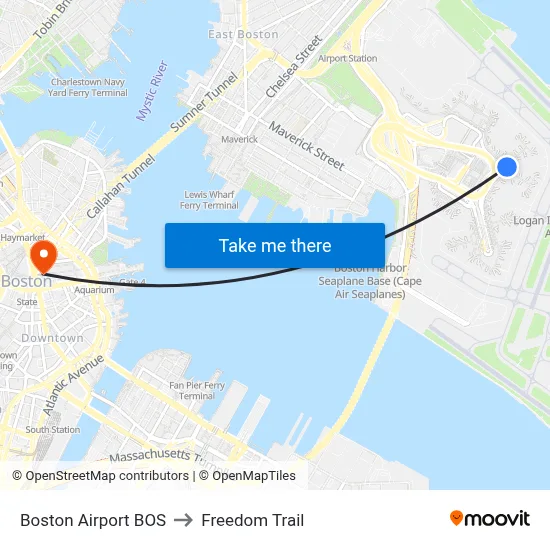 Boston Airport BOS to Freedom Trail map