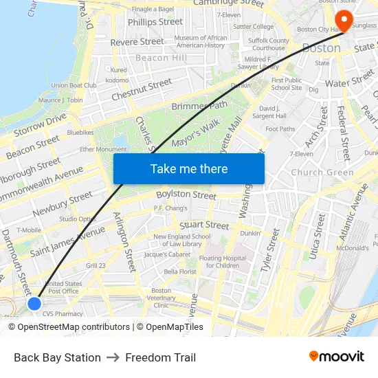 Back Bay Station to Freedom Trail map