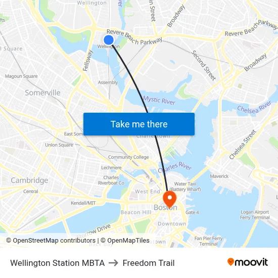 Wellington Station MBTA to Freedom Trail map