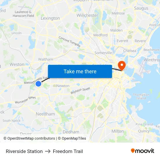Riverside Station to Freedom Trail map