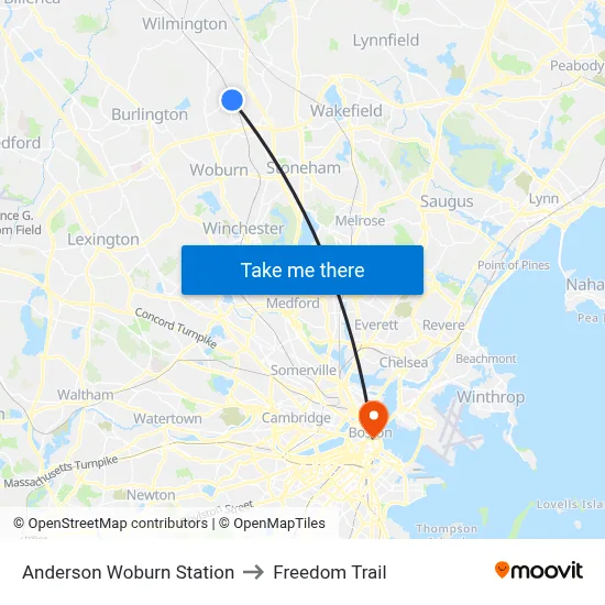 Anderson Woburn Station to Freedom Trail map