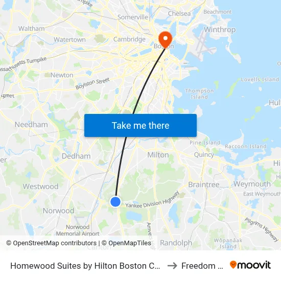 Homewood Suites by Hilton Boston Canton MA to Freedom Trail map