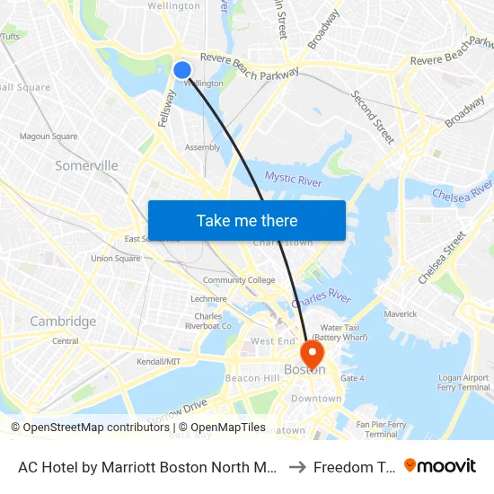 AC Hotel by Marriott Boston North Medford to Freedom Trail map