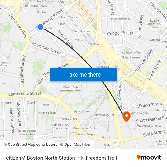 citizenM Boston North Station to Freedom Trail map