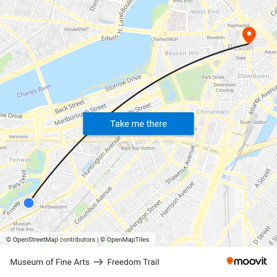 Museum of Fine Arts to Freedom Trail map