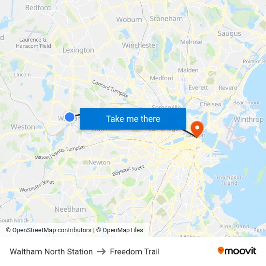 Waltham North Station to Freedom Trail map