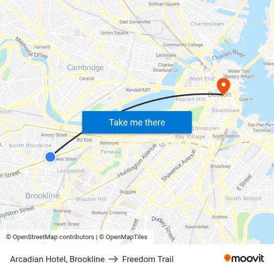 Arcadian Hotel, Brookline to Freedom Trail map