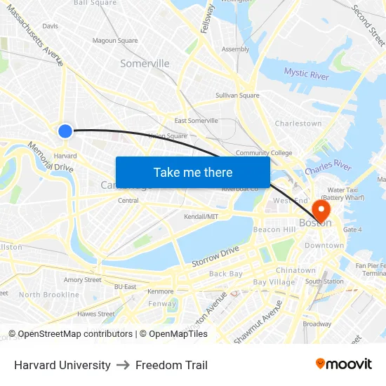 Harvard University to Freedom Trail map