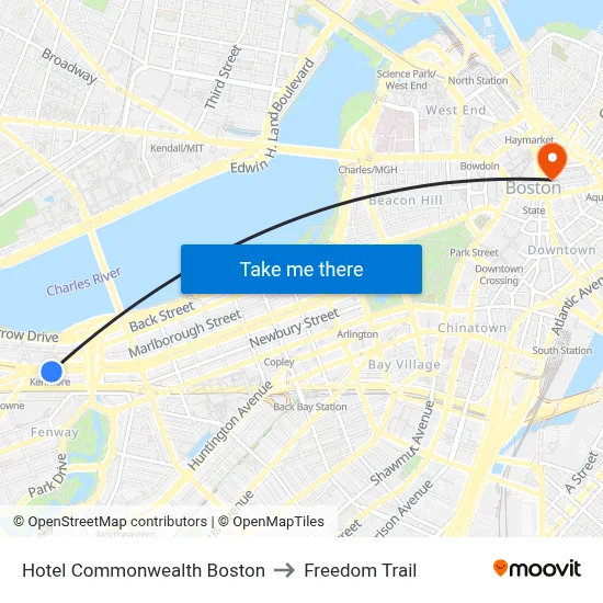 Hotel Commonwealth Boston to Freedom Trail map