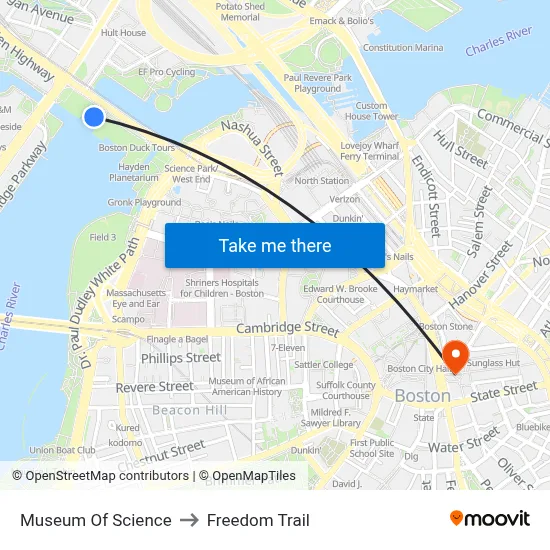 Museum Of Science to Freedom Trail map