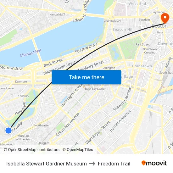 Isabella Stewart Gardner Museum to Freedom Trail map