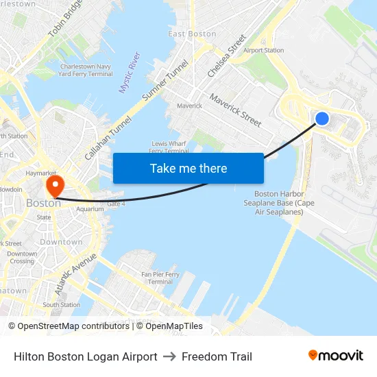 Hilton Boston Logan Airport to Freedom Trail map