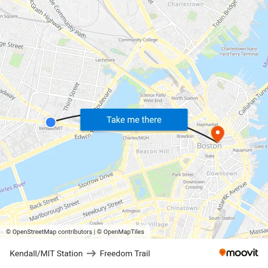 Kendall/MIT Station to Freedom Trail map