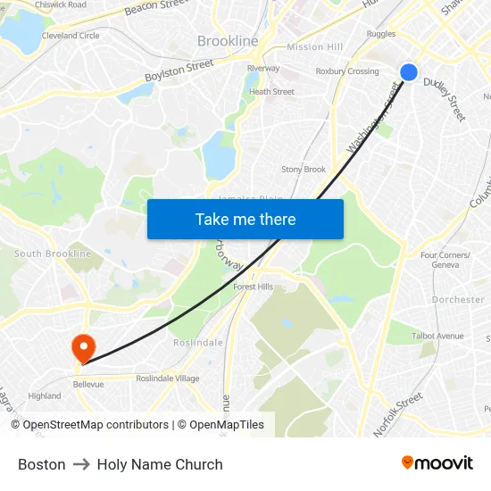 Boston to Holy Name Church map
