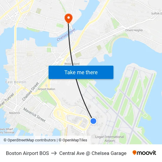 Boston Airport BOS to Central Ave @ Chelsea Garage map