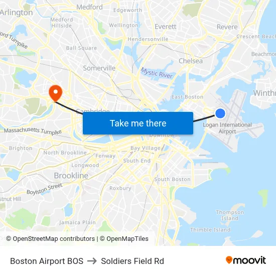 Boston Airport BOS to Soldiers Field Rd map