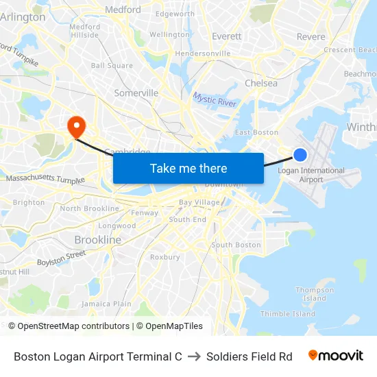Boston Logan Airport Terminal C to Soldiers Field Rd map