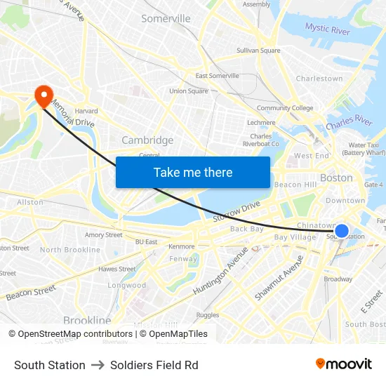 South Station to Soldiers Field Rd map